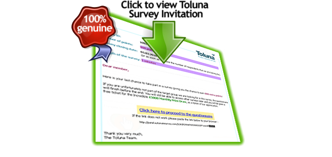 Click here to view a genuine Toluna paid online survey invitation example | www.paidopinionsurveys.co.uk